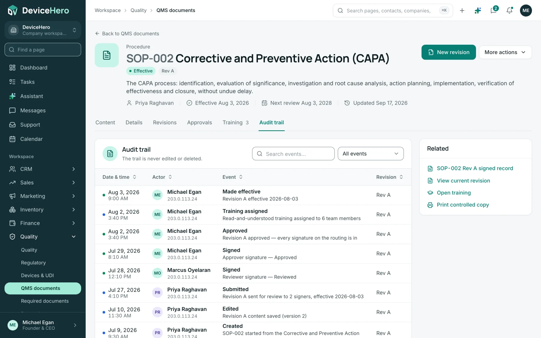 Audit trail of SOP-002, Corrective and Preventive Action, a table listing made effective, training assigned to six team members, approved, two signature events, submitted, edited and created, each with a timestamp, an actor, an IP address, a description and the revision.